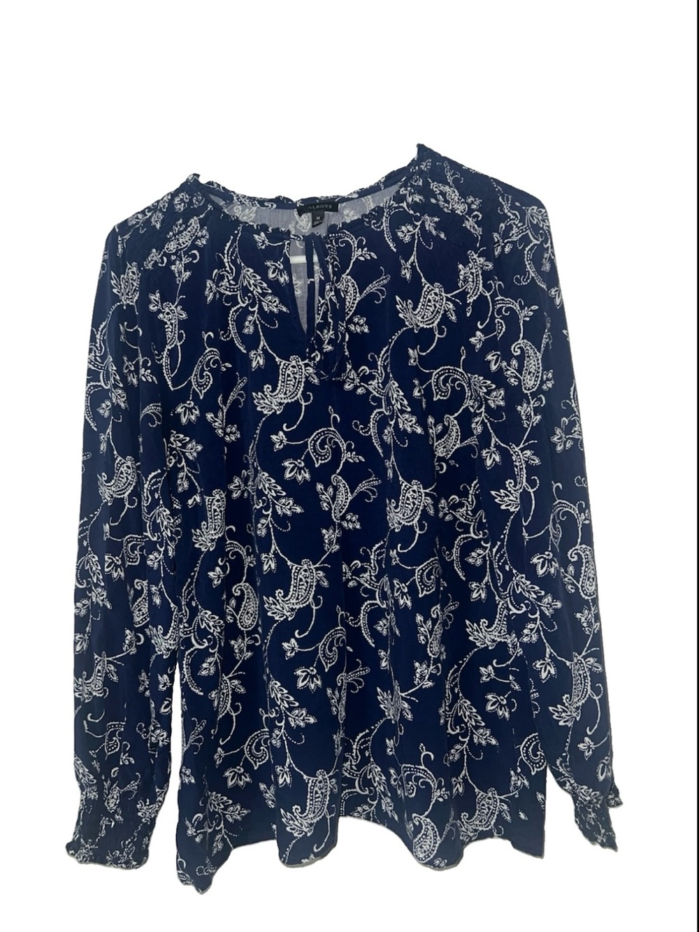 Talbots Navy and White Paisley Long-Sleeve Blouse